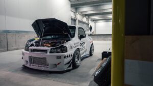 Pocket Bunny R34, front view, bonnet up, sr20 engine